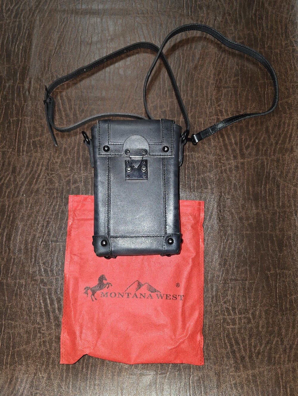 MONTANA WEST Black Leather Mini Crossbody Phone Pouch with Lock Purse